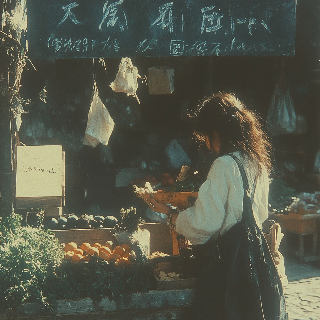 Mujer comprando en un tranquilo mercado agrícola
