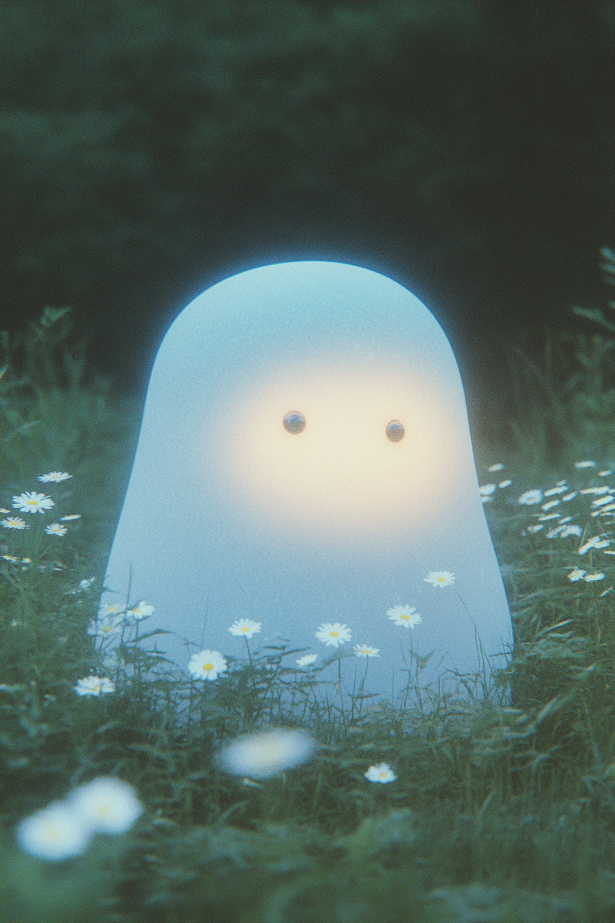 Cute Ghost with Daisies in a Dark Forest