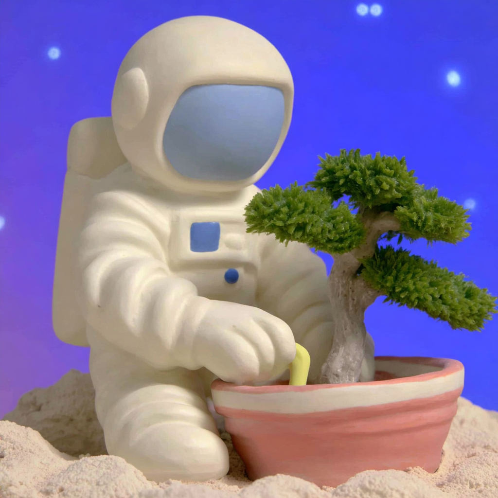 Wind-Up Astronaut Tending a Bonsai Comet