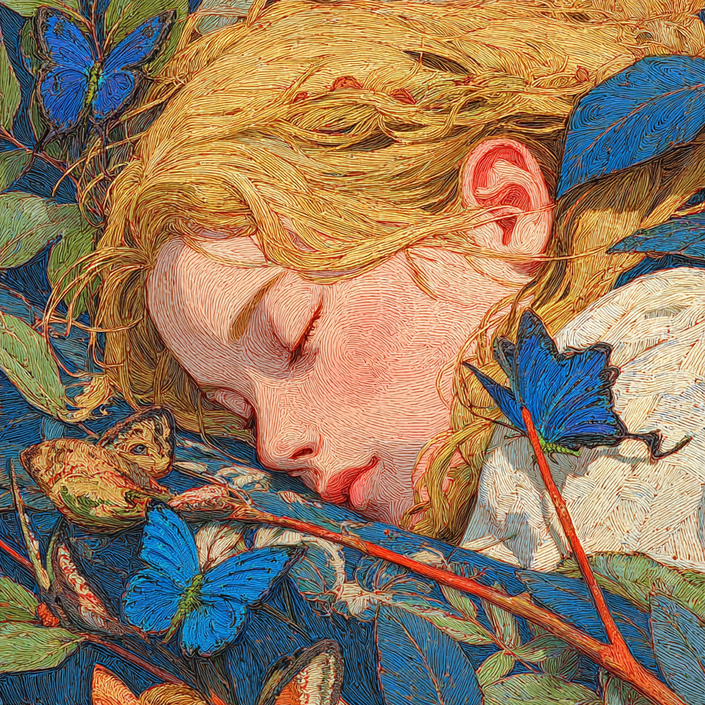 Golden-Haired Fairy Sleeping on a Curled Leaf