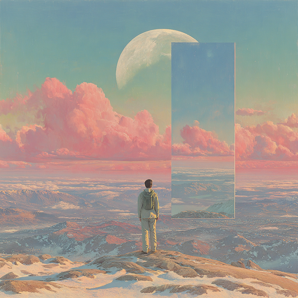 Man Before a Floating Portal in a Pink Sky