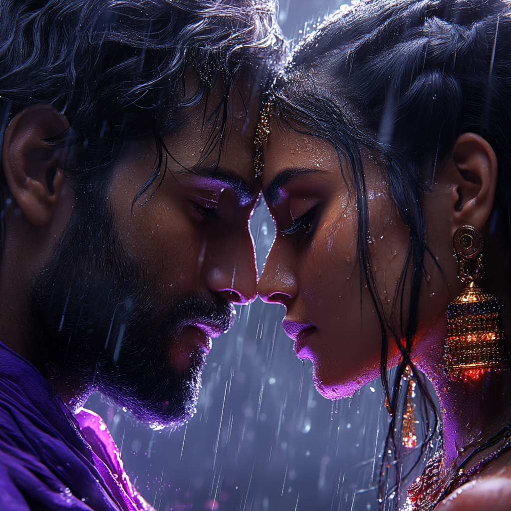 Amantes de la antigua India en un futuro de neón