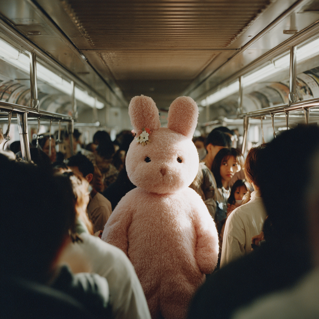 Pink Bunny on a Crowded Tokyo Train