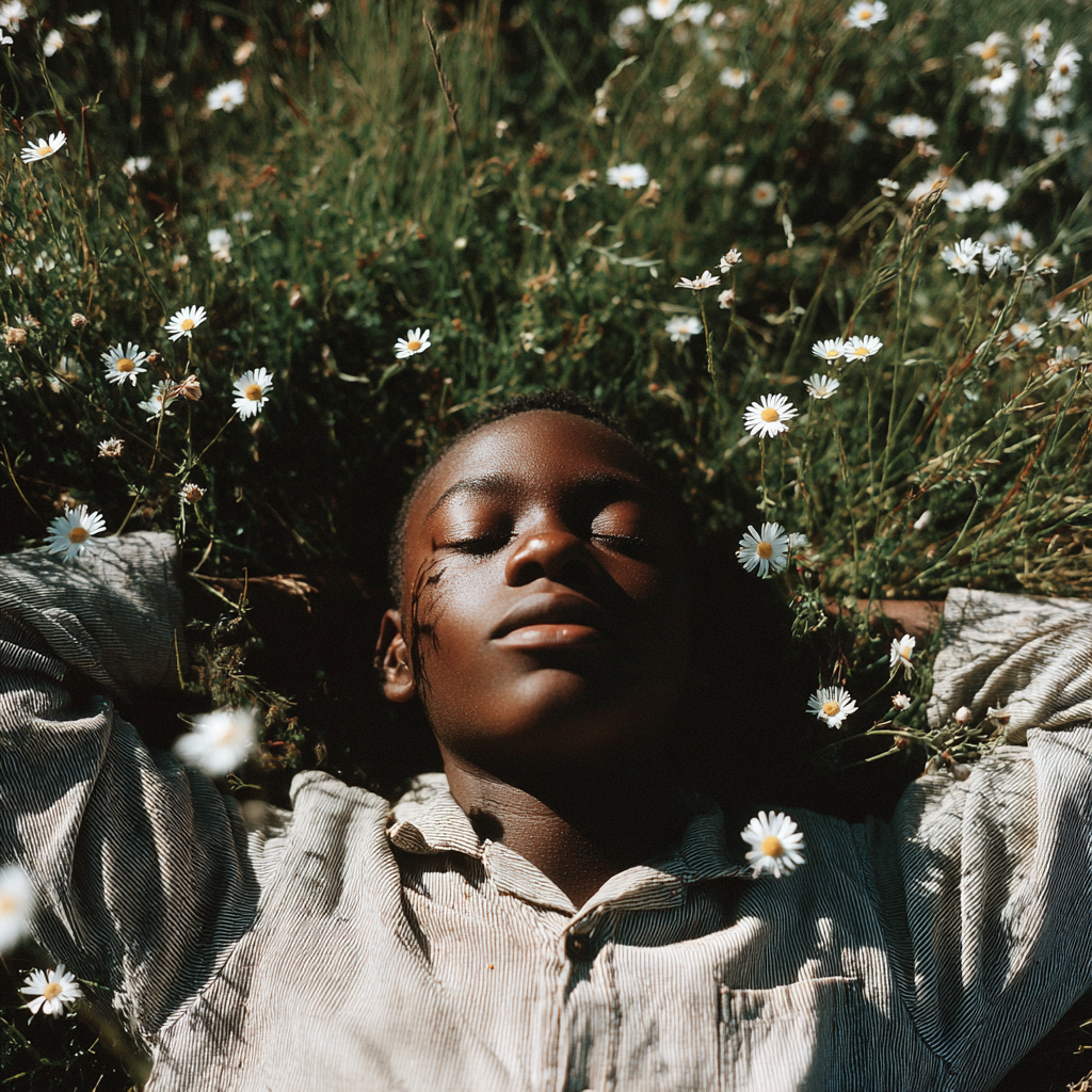 Young Figure Resting in Sunlit Grass