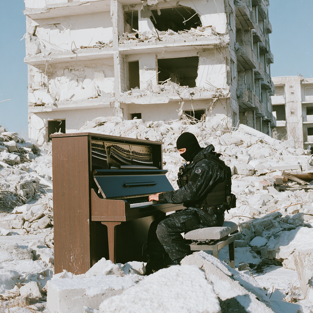 Special Forces Pianist in Snowy Ruins