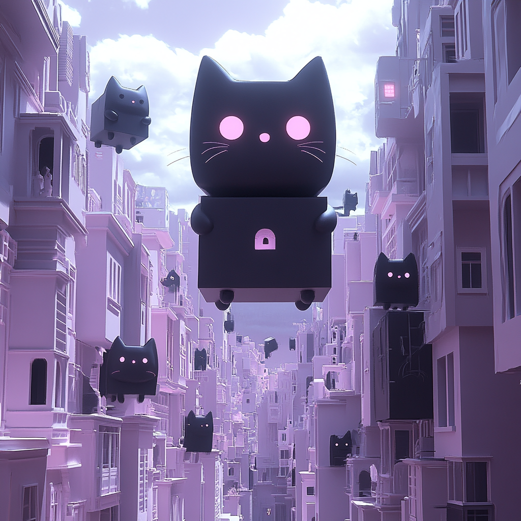 Chats en boîtes de carton dans une ville flottante