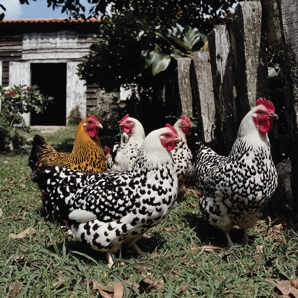 Brazilian Chickens Feeding in a Rustic Yard
