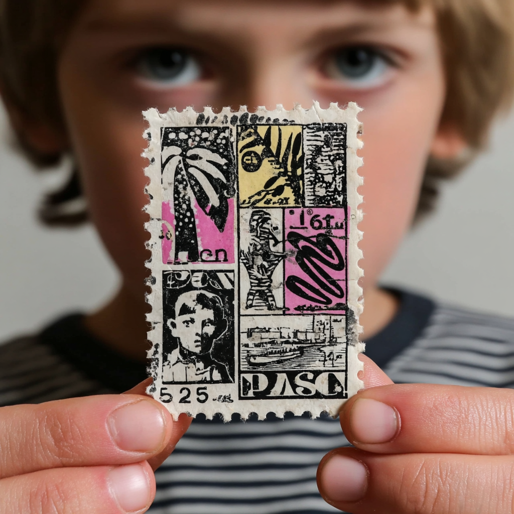 Child Holding a Vintage Dutch Stamp