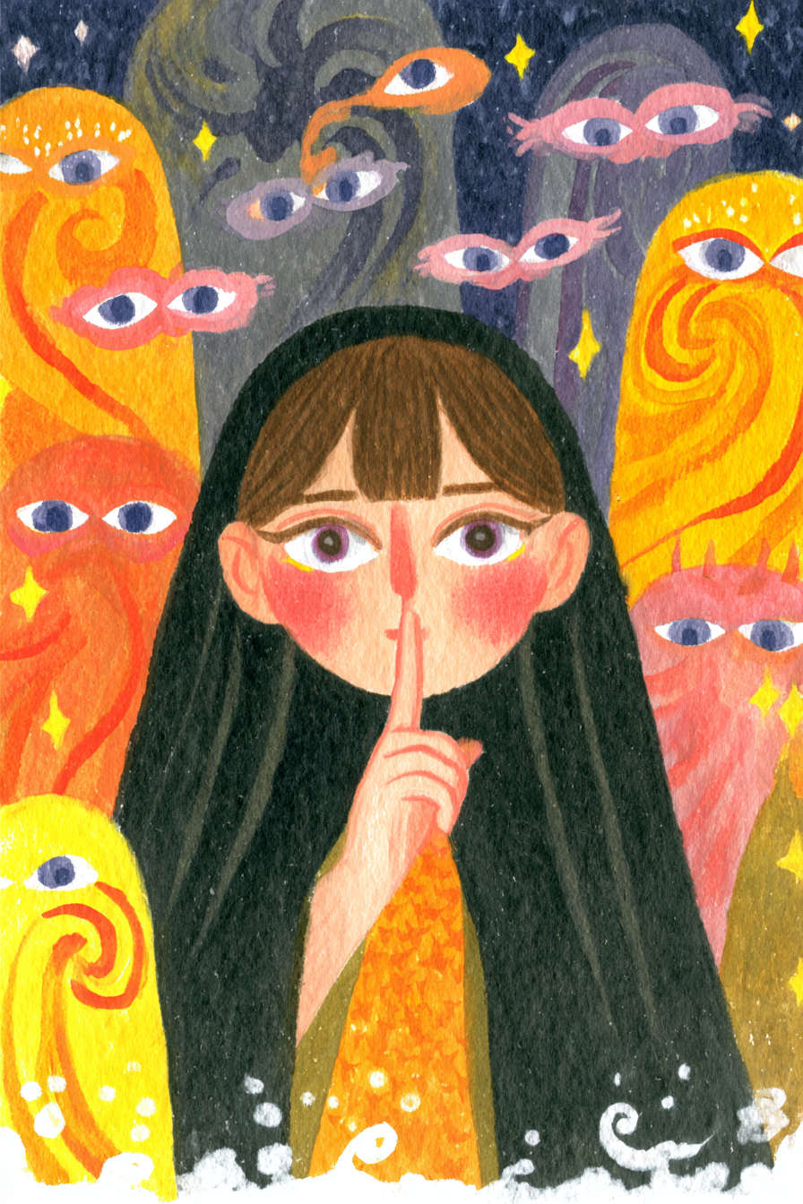 Swirling-Eyed Devil Woman Shushing