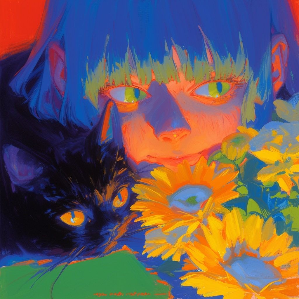 Sleepy Black Cat Holding Flowers