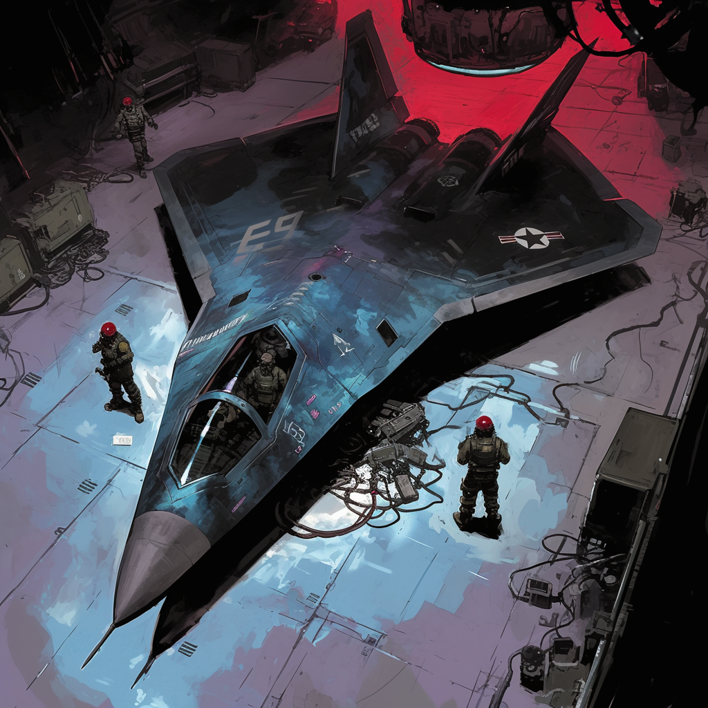 Mechanics Servicing a Secret Stealth Jet