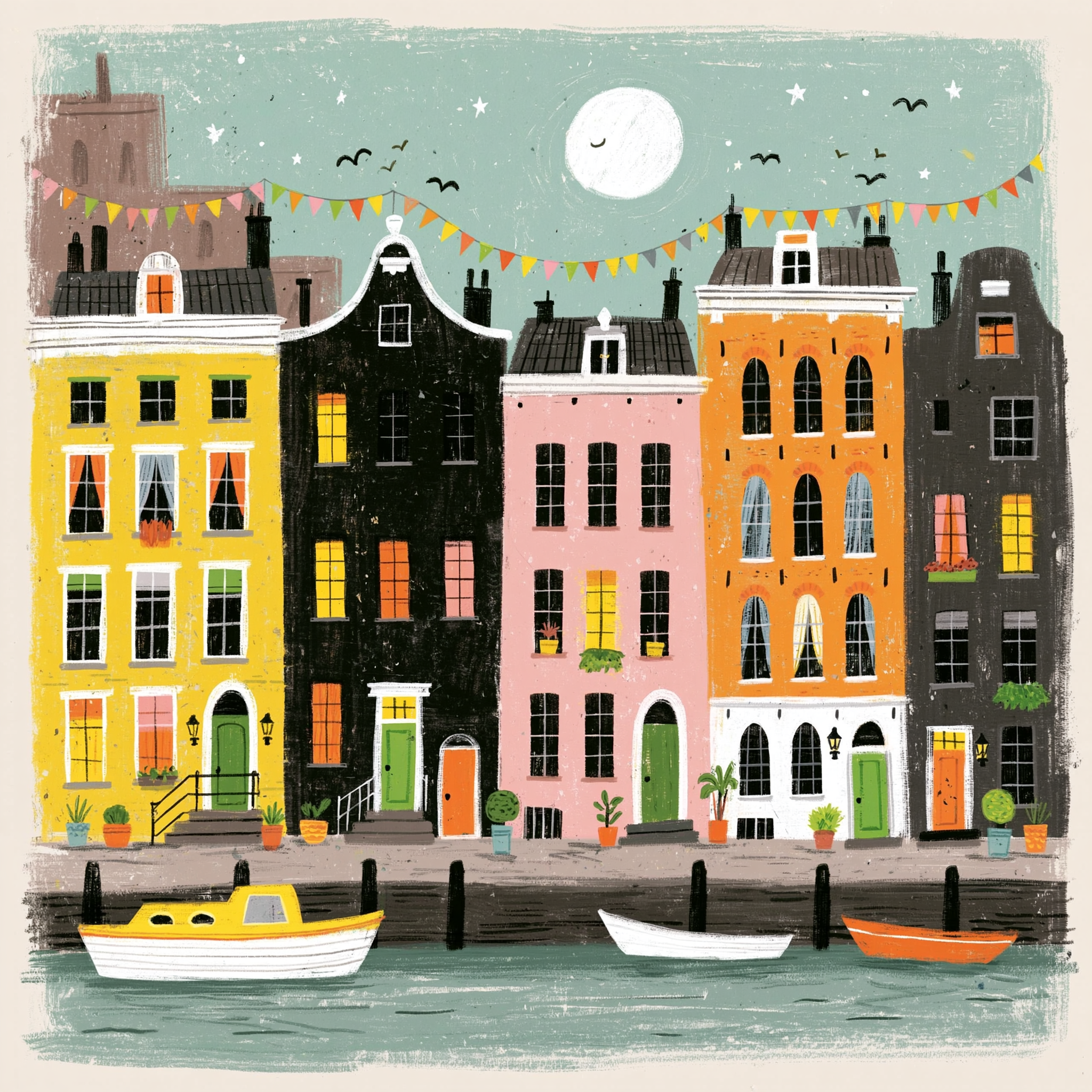 Moonlit Amsterdam Canal Houses