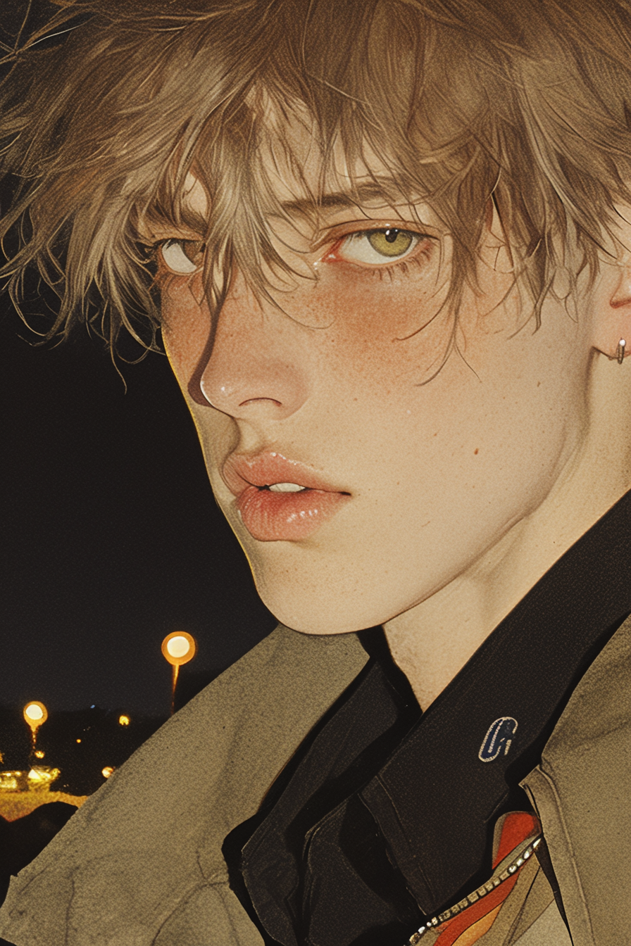 Melancholy Blond Man in Garden Lights