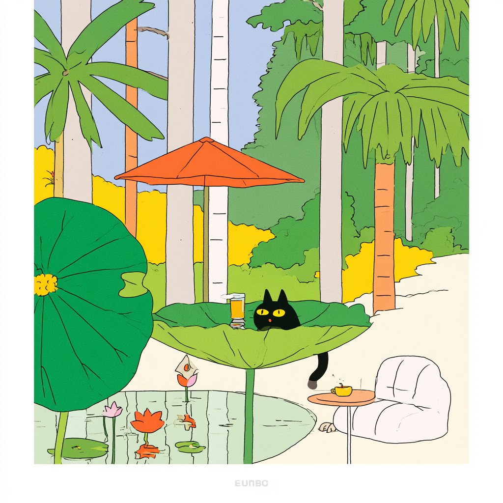 Black Cat on Lotus Leaf, Bright Afternoon