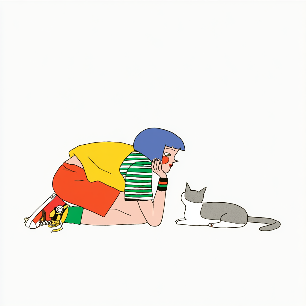 Fille punk aux cheveux bleus et chat, fond blanc