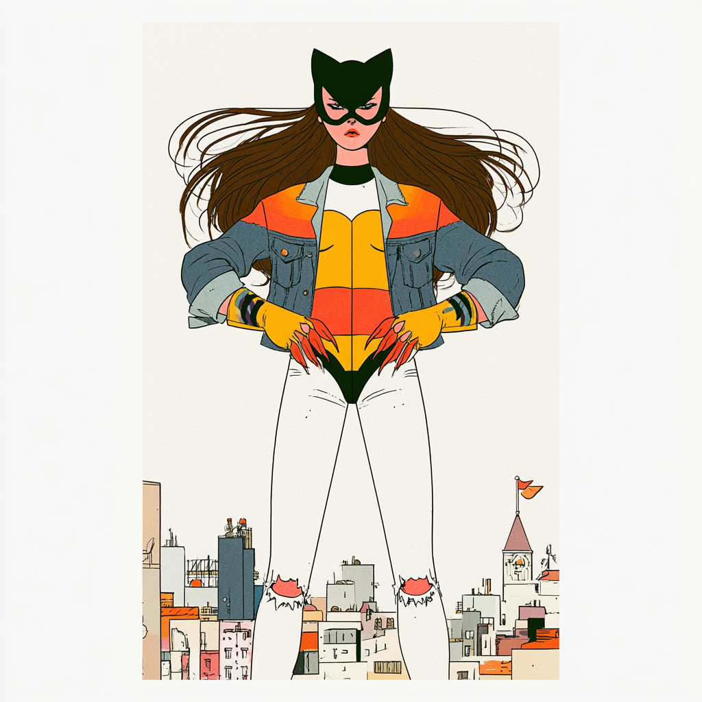 Denim Cat Heroine in Ink Shadows