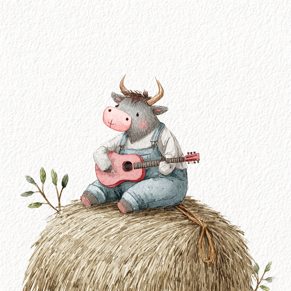 Little Bull Playing Guitar on a Haystack
