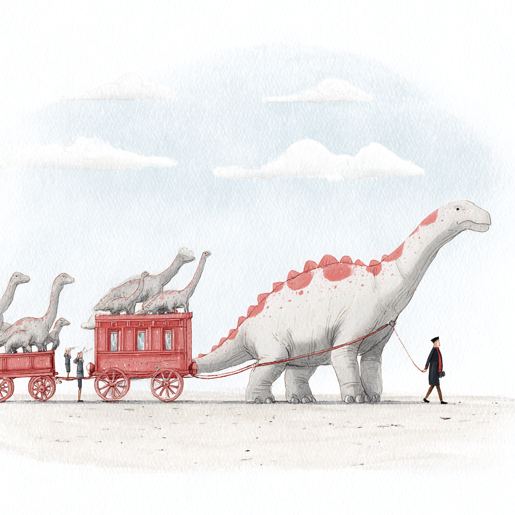 White Dinosaurs Pulling a Red Desert Caravan