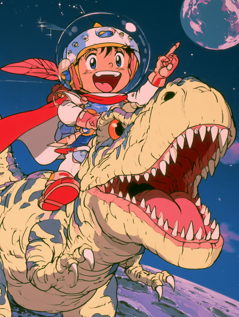 月面を駆けるマスコット少年騎士とティラノサウルス