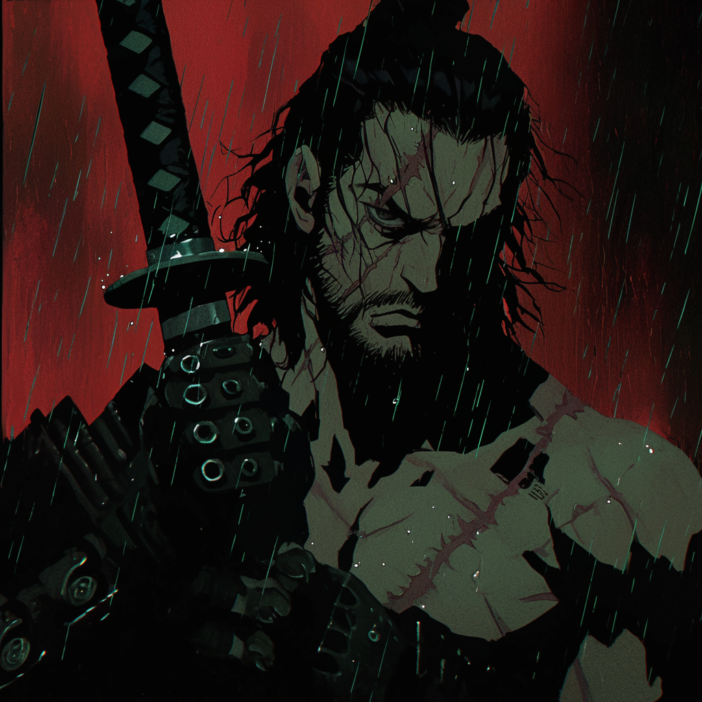 Musashi Slicing Through the Rain