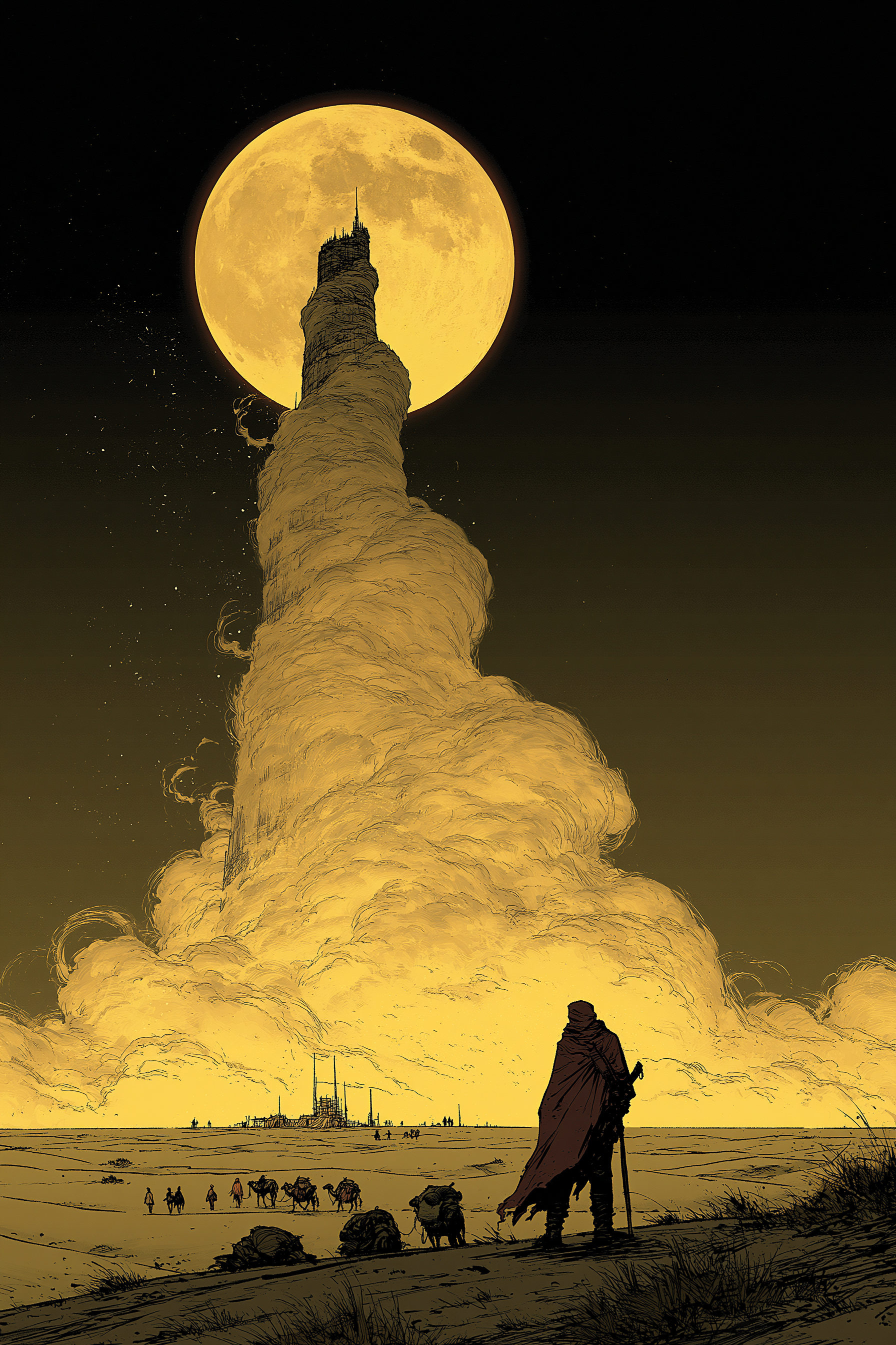 Pilgrim Before the Moonlit Spiral Tower