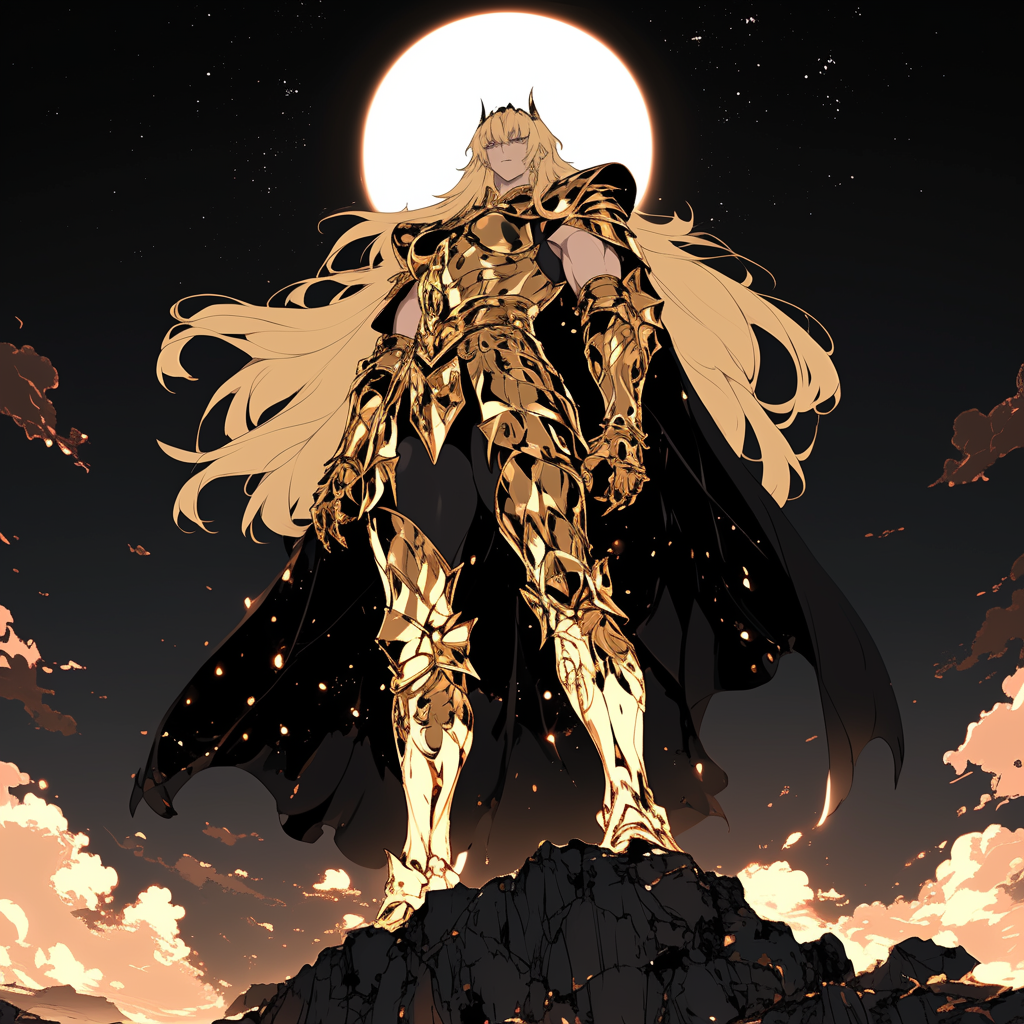 Golden-Armored Anime Warrior under the Full Moon