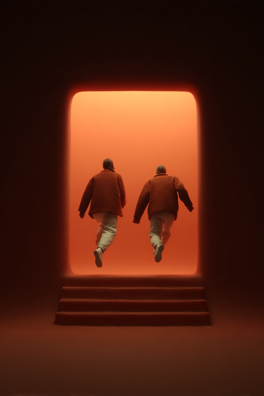 Fashion Duo Climbing a Red Staircase