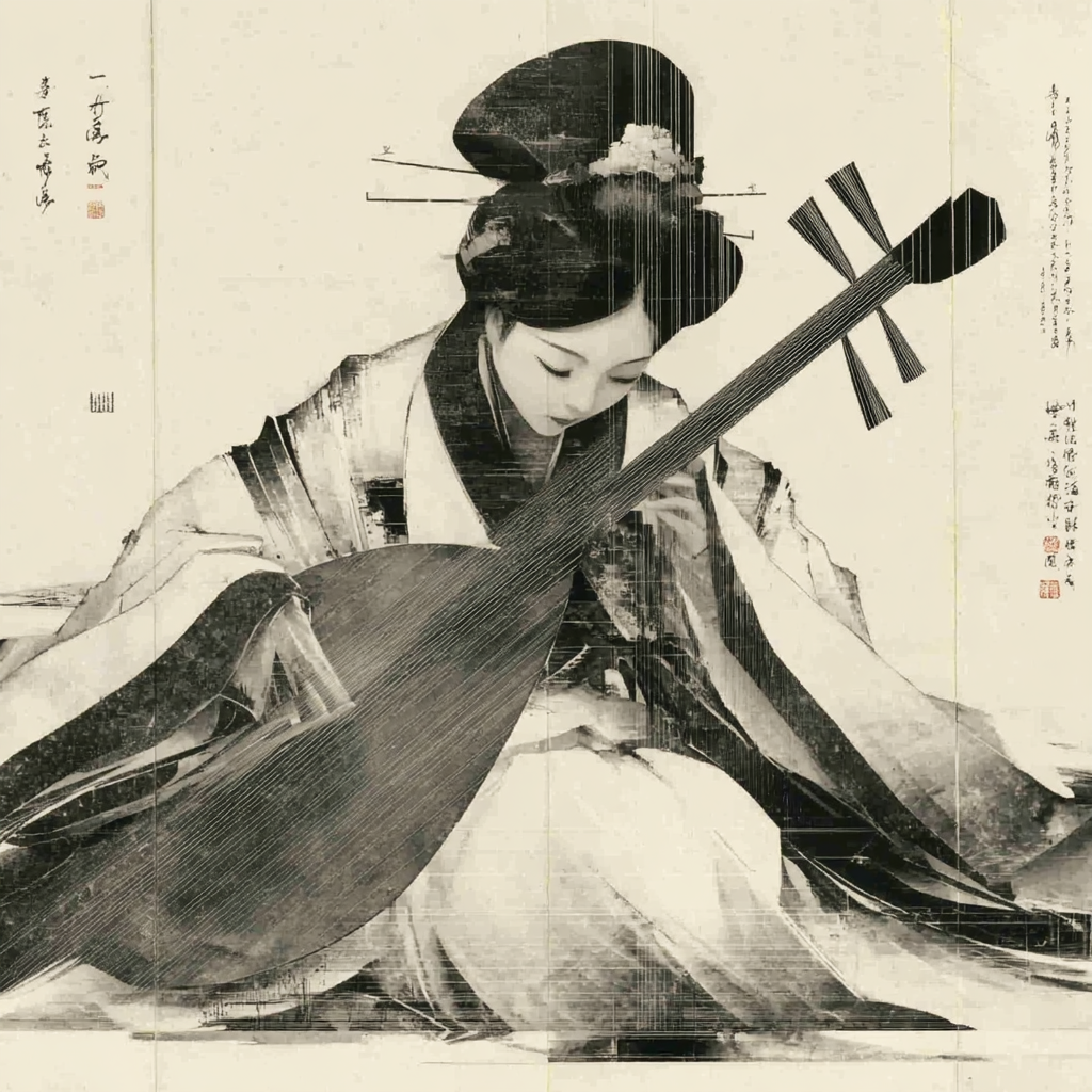 Chinese Woman Playing Pipa in Minimalist Ink