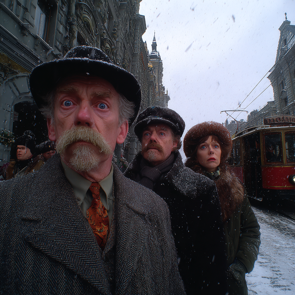 Shocked Crowd on a Snowy 1930s Moscow Street