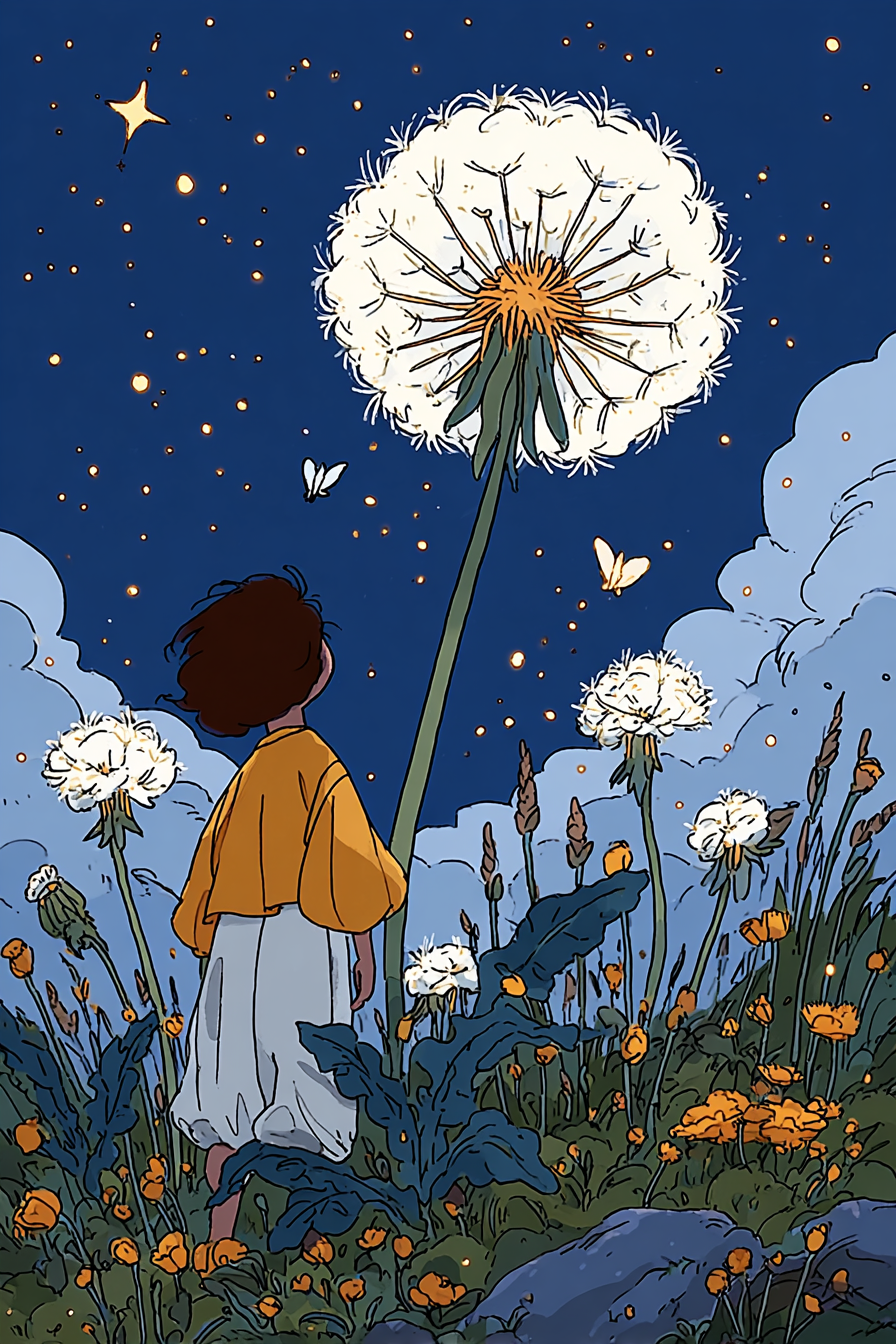 Child Riding a Giant Dandelion Above a Meadow