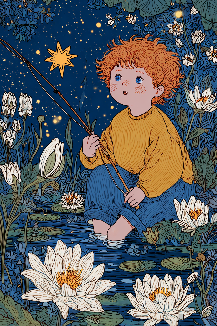 Red-Haired Boy Fishing with a Star Spirit
