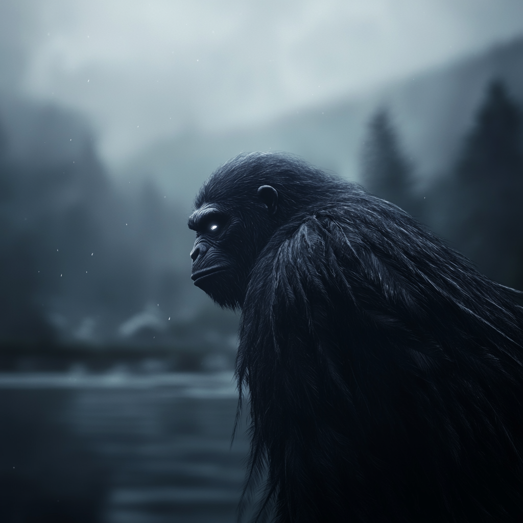 Grotesque Ape in a Feathered Robe by Misty Water