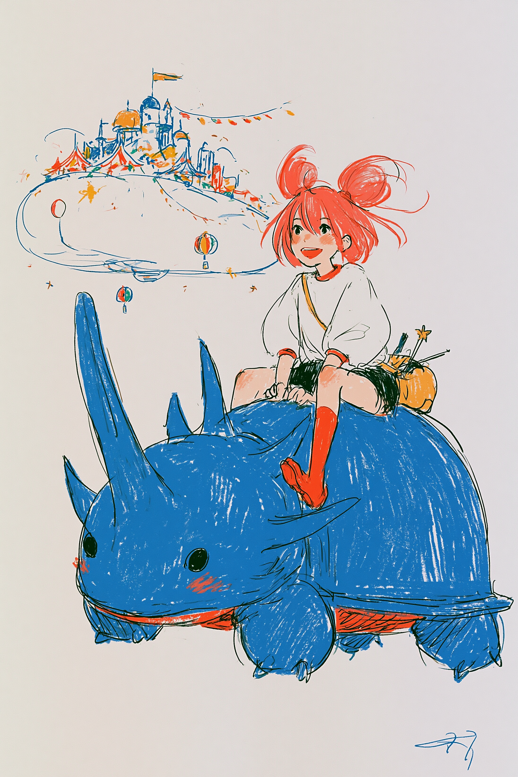 Coral-Haired Mechanic Riding a Beetle Airship