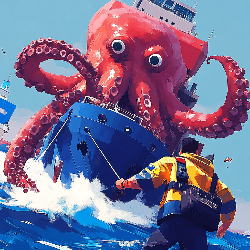 Poulpe géant saisissant un cargo