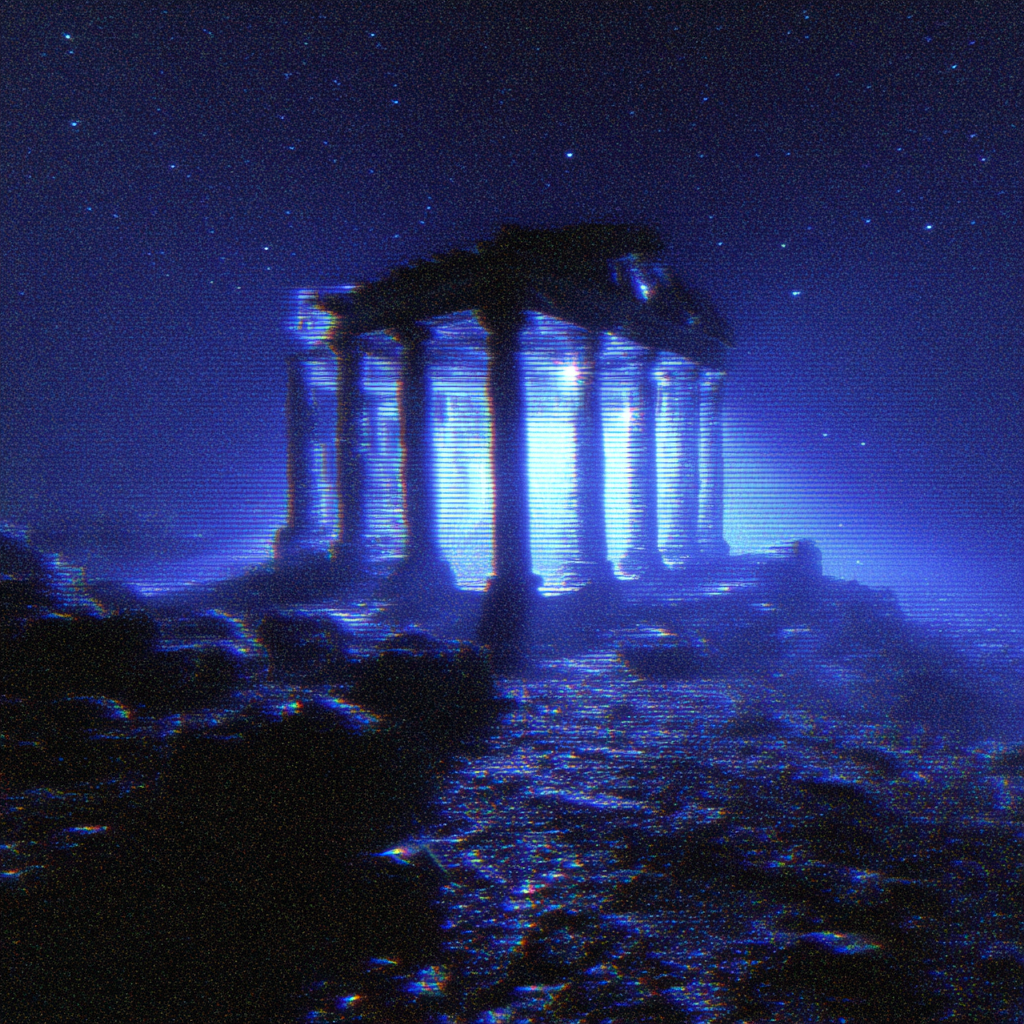 Holografische Tempelruinen in der Wüste