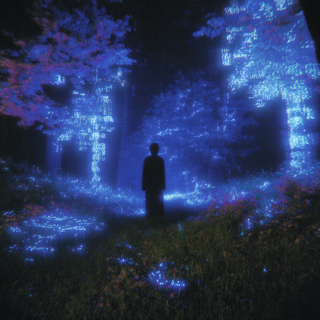 Figura con fallos digitales en un bosque virtual