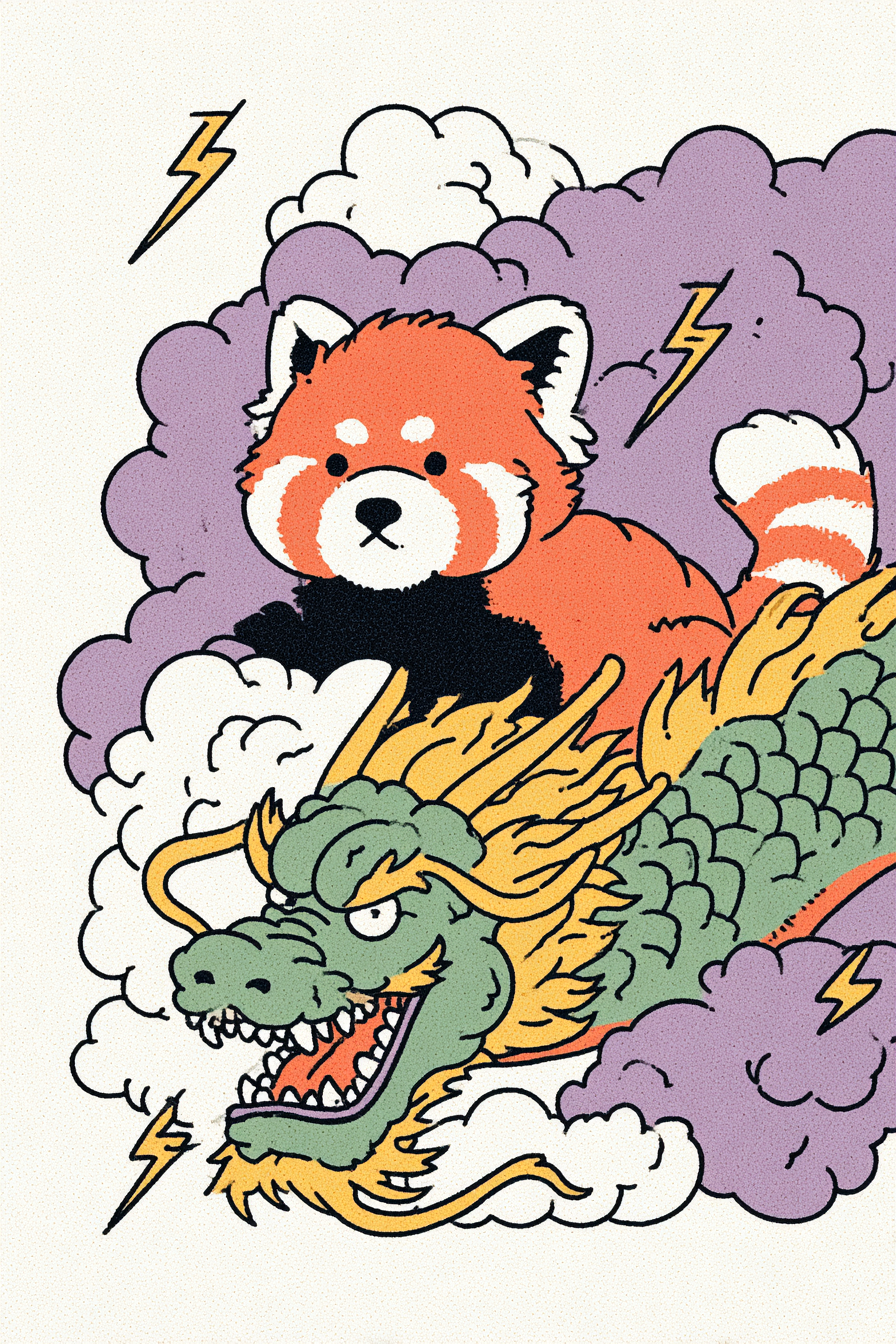 Panda rojo cabalgando un dragón de trueno a la batalla