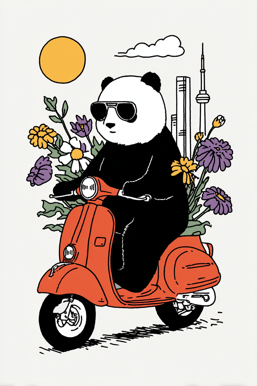 Panda en scooter vintage por una ciudad futurista