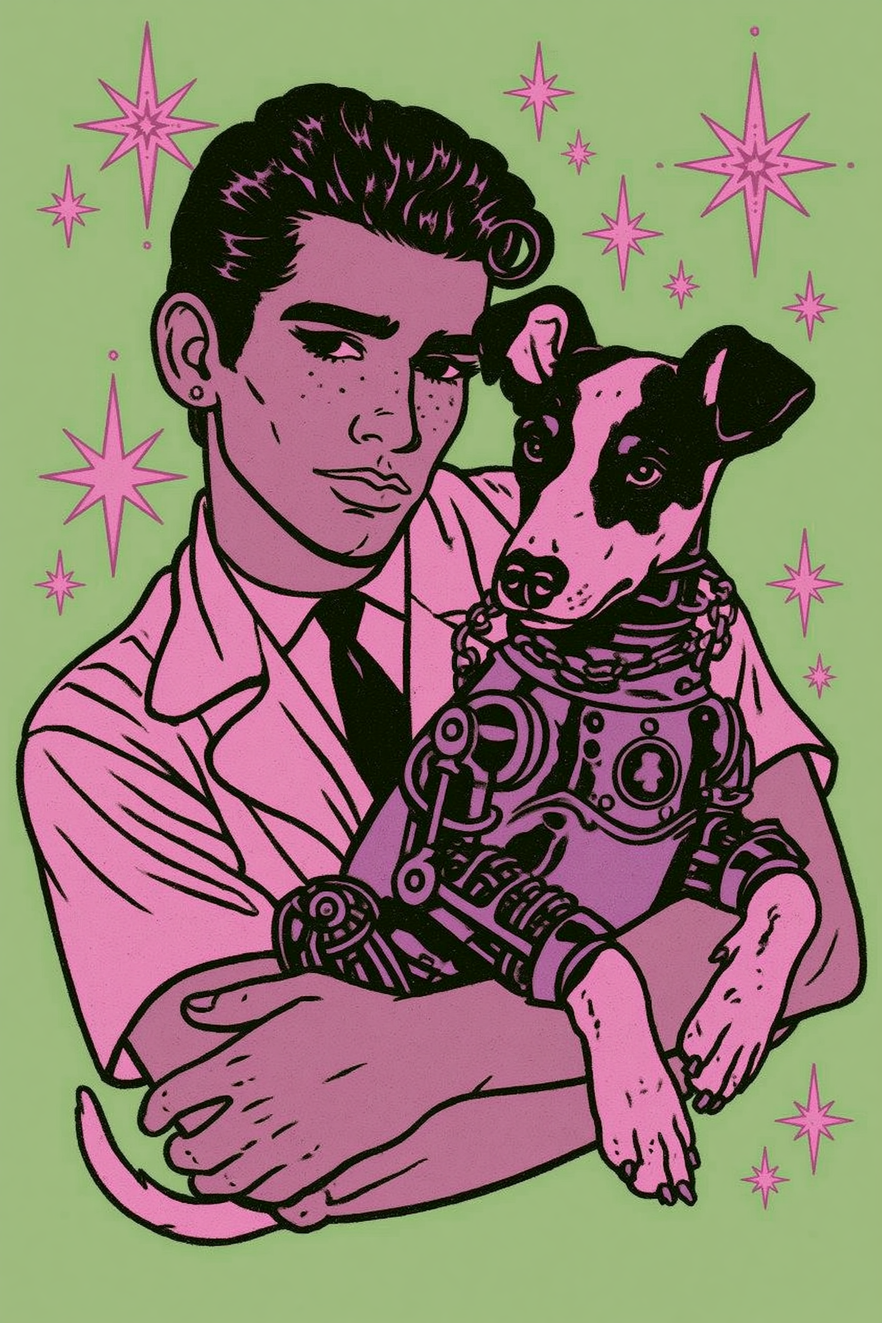 Fauvist Man Holding a Realist Robot Dog