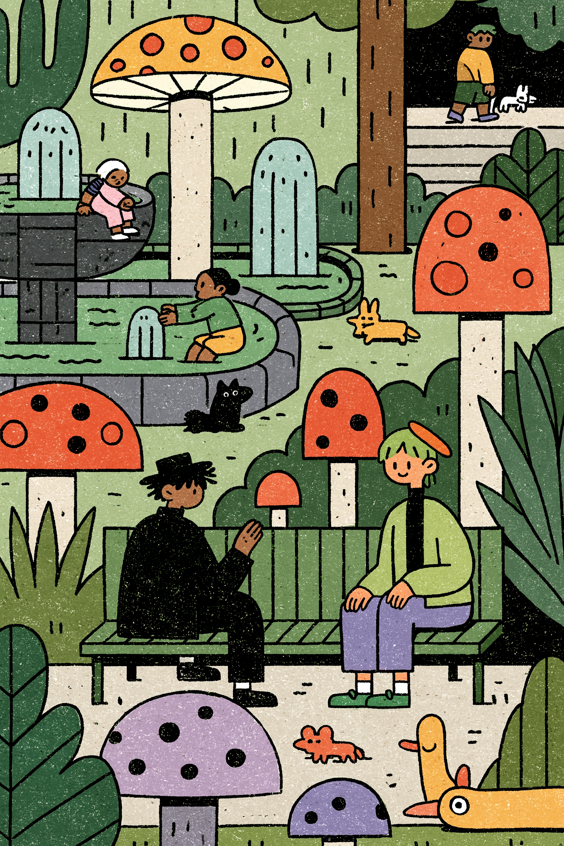 Men Among Giant Mushrooms in the Park