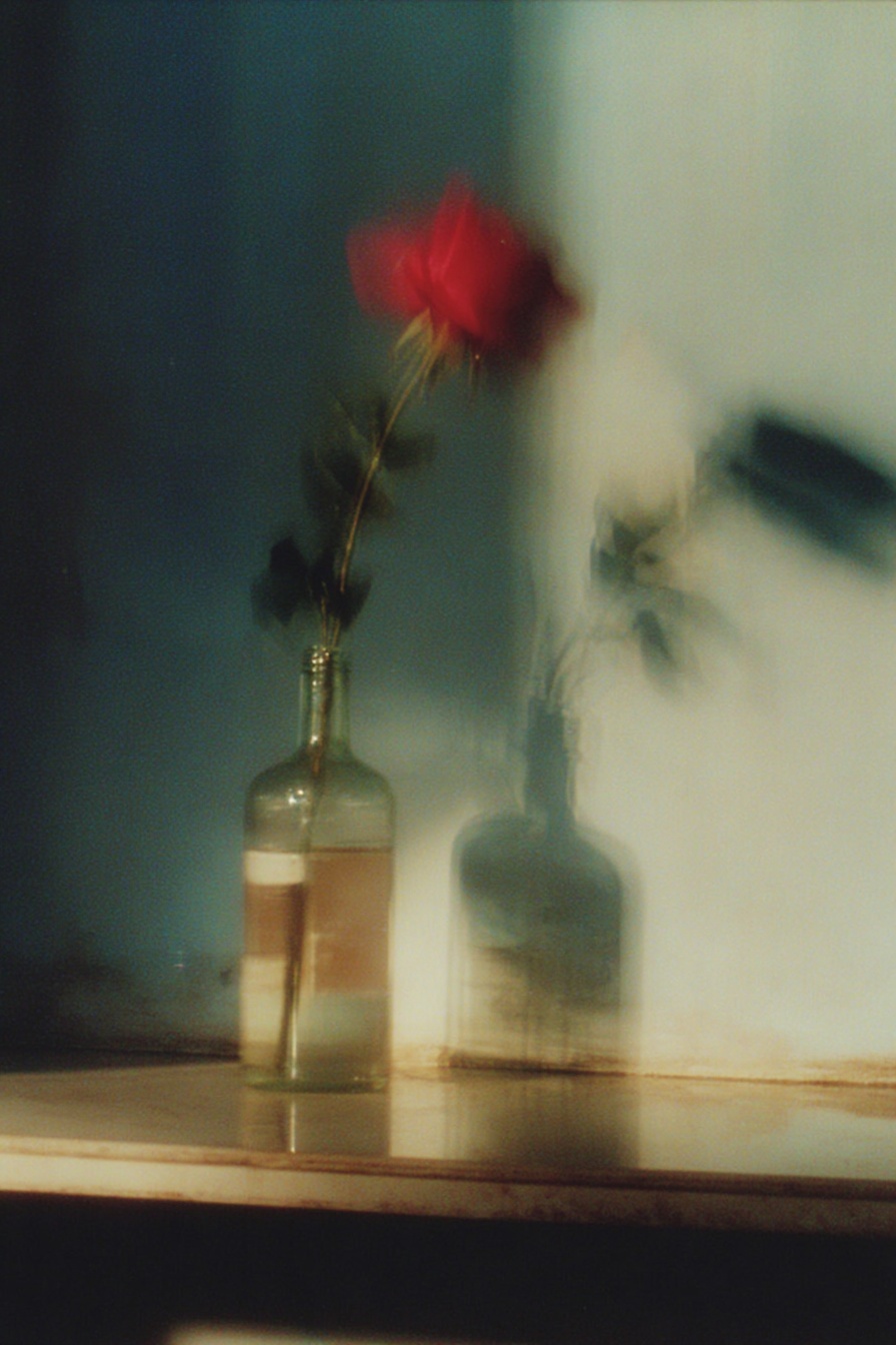 Red Rose Bottle against a Blue Wall