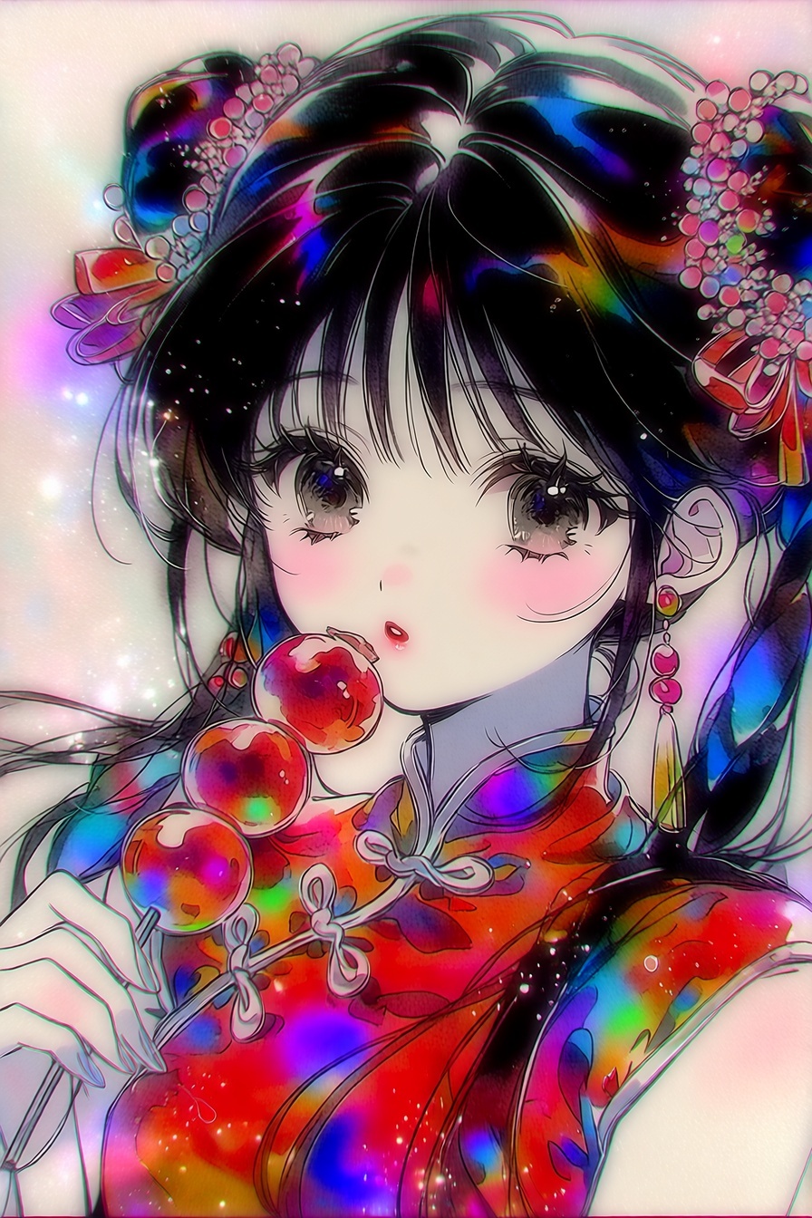 手持冰糖葫芦的水彩女孩