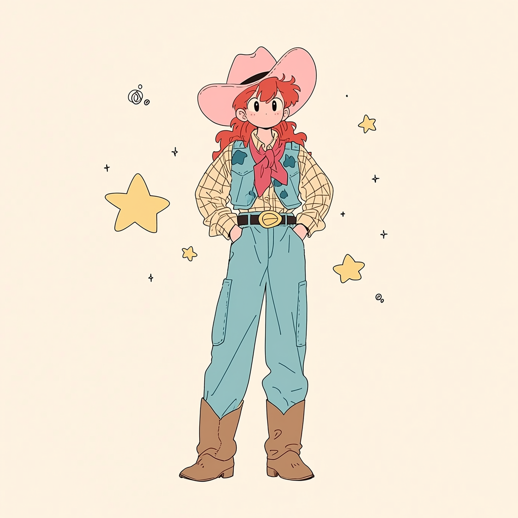 Red-Haired Cowgirl in Naive Art Style