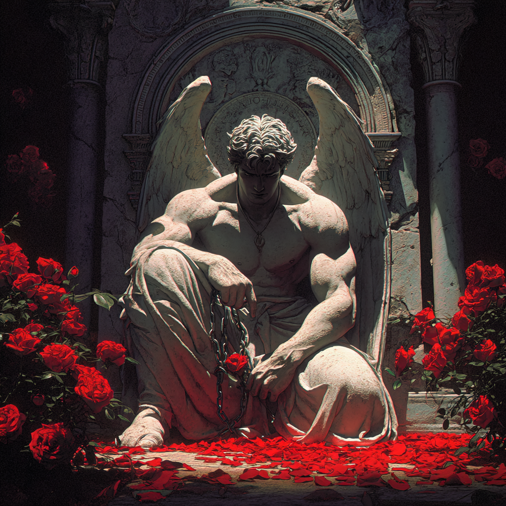Chained Fallen Angel in a Mechanical Cathedral