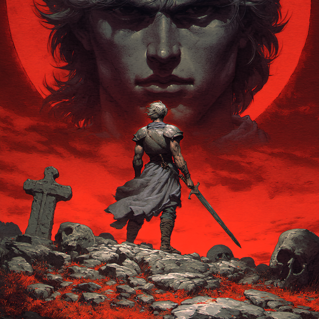 Warrior Facing His Mirror Self Under an Eclipse