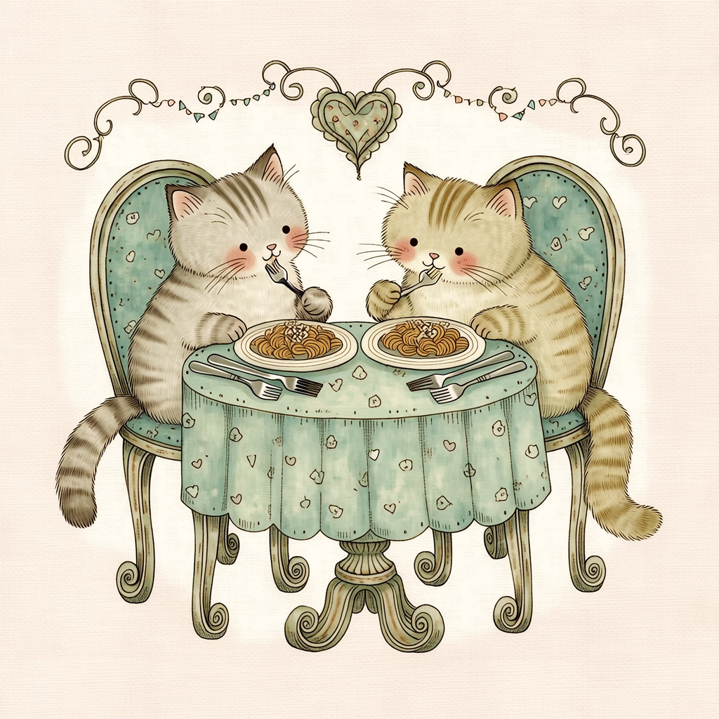 Gatos kawaii compartiendo boloñesa