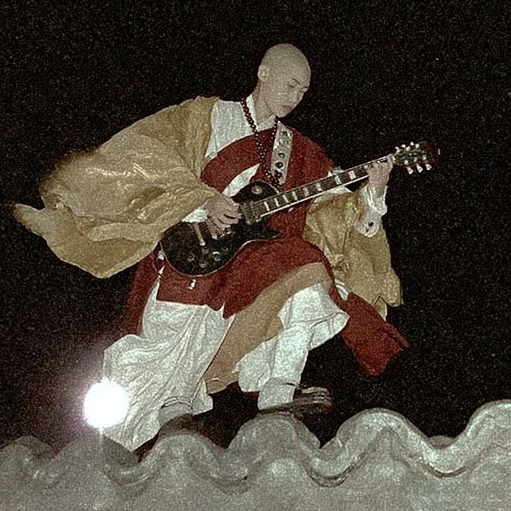 Electric Guitar Monk on a Hanok Roof