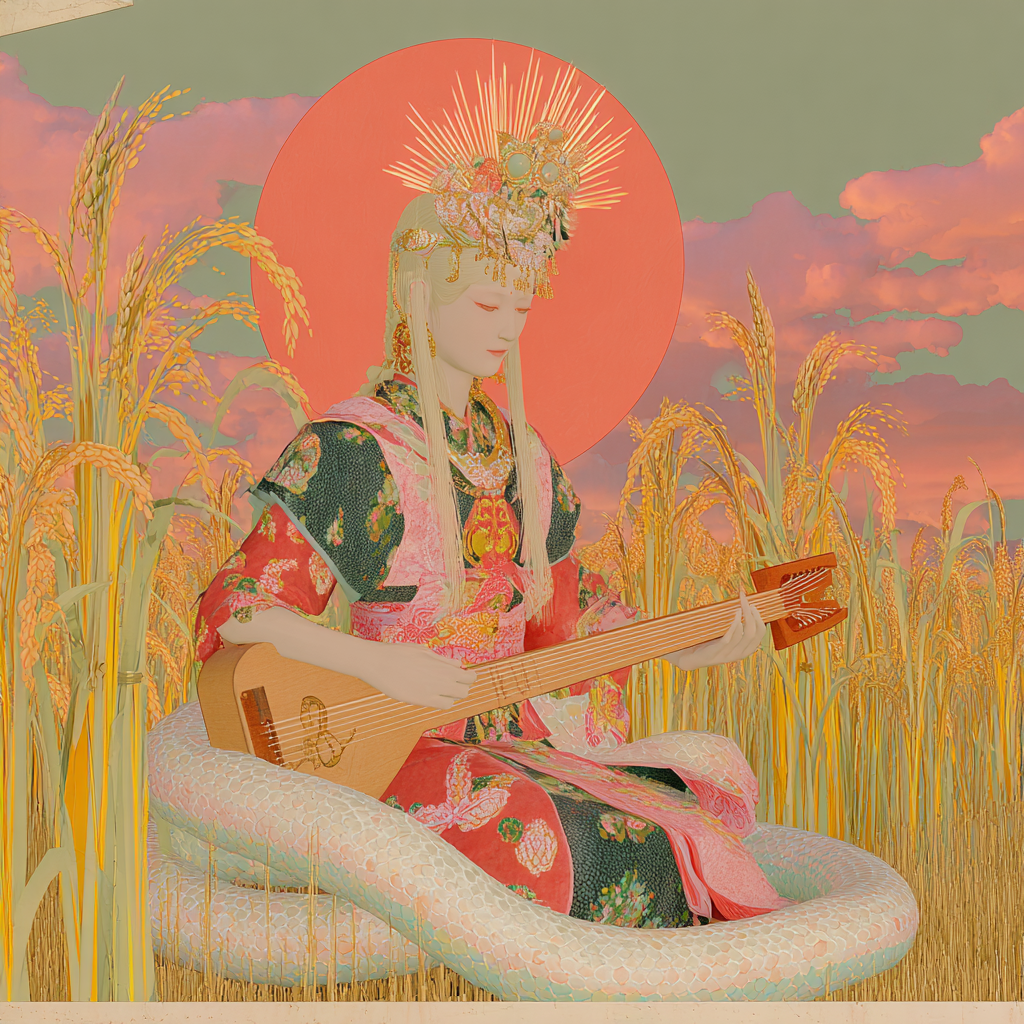 Benzaiten with a White Snake at Sunset