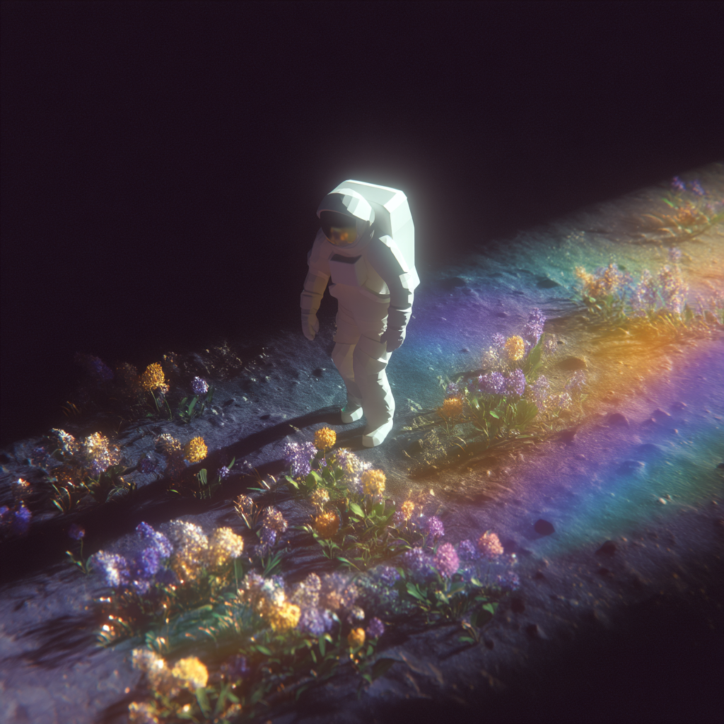 Astronaut Walking Through Moon Flowers