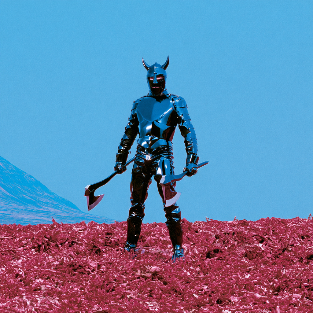 Black Armored Viking Berserker in Faded 80s Sci-Fi Fog